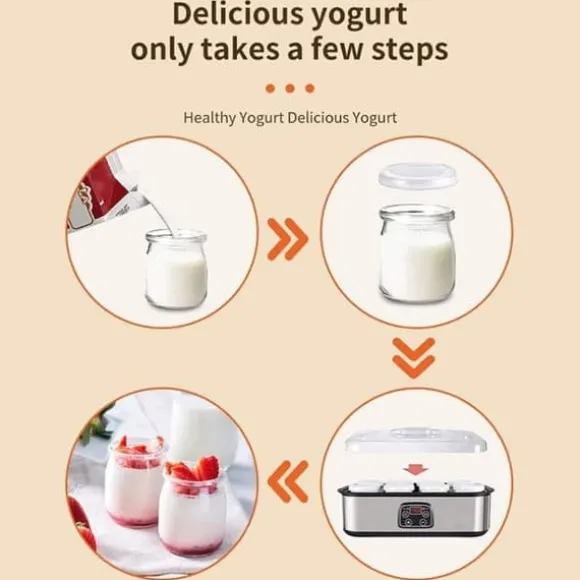 Fuleadture Elektrisk Yoghurtmaskin, LCD Display, Timer & Temperaturinställning, 8 Glas à 1400 ml, 25 W