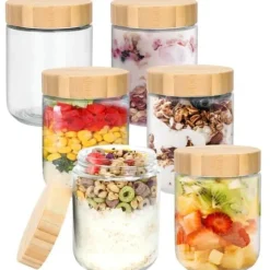 Glasburkar - Glasburk med lock-500ml-6ST- med skruvförslutna trälock - För att förvara sylt, yoghurt