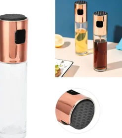 Glasflaska med en olivolja spruta och ett kopparlock