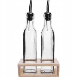 Glasflaskor - ORION - 300 ml - Praktisk dispenser - Trähållare - Transparent