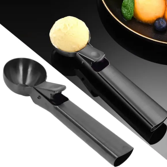 Glassskopa Diskmaskinssäker Stick Proof Rostfritt Stål Glassbollssked med Avtryckare för Fruktpeppar Svart