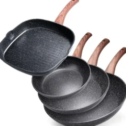 Granit stekpanna set 20 / 24 / 28 cm + Grillpanna 28x28 cm BLACK&WOOD 4 st.