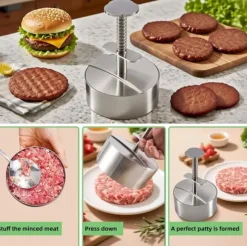 Hamburgarpress i rostfritt stål 304 – justerbar och hållbar köttpress , non-stick form för perfekta hamburgare
