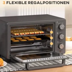 HOMCOM Miniugn 21L 1400W Justerbar Temperatur 100-230°C och Tid 60 min med Bakplåt och Galler i Rostfritt Stål, Grå