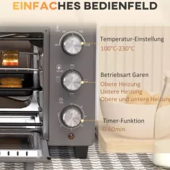 HOMCOM Miniugn 21L 1400W Justerbar Temperatur 100-230°C och Tid 60 min med Bakplåt och Galler i Rostfritt Stål, Grå