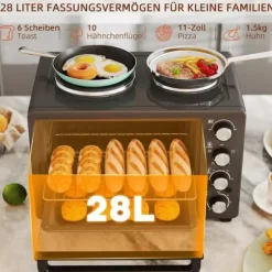 HOMCOM Miniugn med 2 Värmeplattor, 28L, 2600W, Svart Rostfritt Stål