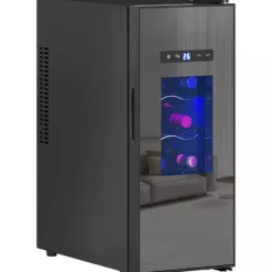 HOMCOM Vinkyl 12 Flaskor 30L 8-18°C Termoelektrisk Flaskkyl med Glasdörr, Dryckeskyl med LED-lampa, Svart Metall