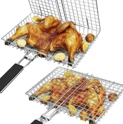 Hopfällbar Rostfri Grillkorg med Avtagbart Handtag – Perfekt för Camping och Trädgård