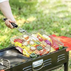 Hopfällbar Rostfri Grillkorg med Avtagbart Handtag – Perfekt för Camping och Trädgård