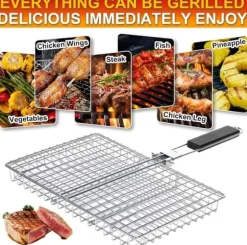 Hopfällbar Rostfri Grillkorg med Avtagbart Handtag – Perfekt för Camping och Trädgård