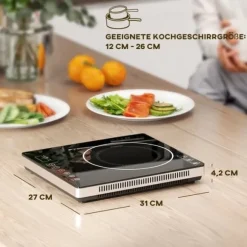 Induktionshäll portabel 1 zon – 2000 W, 10 effekt/temperatur, timer, barnlås, svart