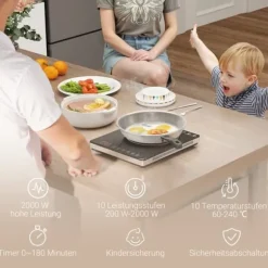 Induktionshäll portabel 1 zon – 2000 W, 10 effekt/temperatur, timer, barnlås, svart