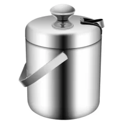 Ishink - Dubbelvägg i 304 rostfritt stål - 1,3 l - Med lock och handtag - 14 x 22,5 cm - För vin & champagne - Silver