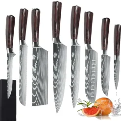 Japanskt köksknivset 8 delar, ultraskarpt högkolstål, ergonomiskt trähandtag, korrosionsbeständiga blad, 8 delar
