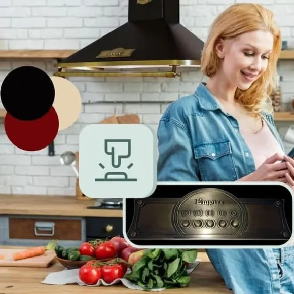 Kaiser Empire Rétro Vägghängd köksfläkt 90 cm, Vägghängd fläkt, Lyx tillverkare Kaiser, 3 hastigheter, 910m³/h, LED-belysning