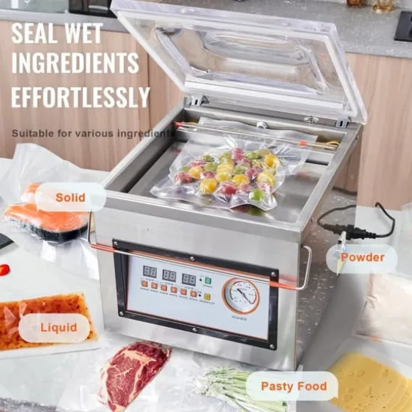 Kammartätare, 320 W, vakuumförpackning för våtfoder, kött och marinader, kompakt 12,6" tätningslängd för hem och företag.