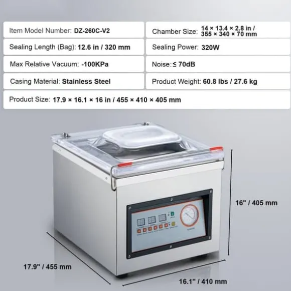 Kammartätare, 320 W, vakuumförpackning för våtfoder, kött och marinader, kompakt 12,6" tätningslängd för hem och företag.