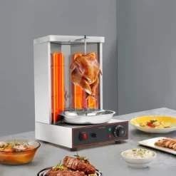 Kebab-/Gyrosgrill - Elektrisk Vertikal Rotisseri - 3000W - 2 Brännare - 50–300°C - 220V - 10 kg Kapacitet - Rostfritt Stål 201
