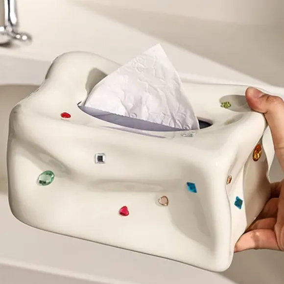 Keramisk näsduksask hållare dekorativ elegant ansiktsnäsduk servettdispenser för matsal beige