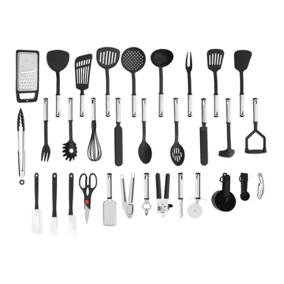 Köksredskapssats - 40 delar - Nylon & rostfritt stål - Värmebeständig - Skonsam mot non-stick - Hängbar design - Svart