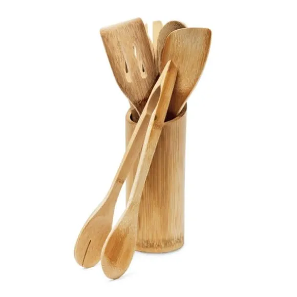 Köksredskapsset - Relaxdays - 6 delar - Ställning i bambu - 30 cm - Ljust brunt