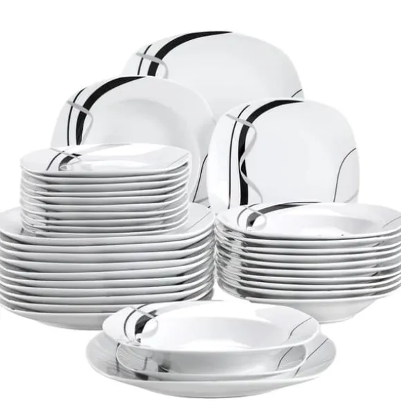 Köks Servis Set, Porslin Keramik, Svart Linje Design, 36-DELAR