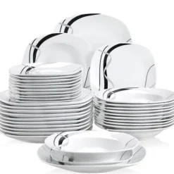 Köks Servis Set, Porslin Keramik, Svart Linje Design, 36-DELAR