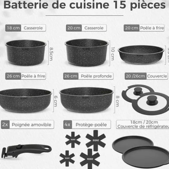 Kökstillbehör 15 Delar-YASHE, Stekpannor och Kastruller med Granitliknande Non-Stick Beläggning, Gas och Glaskeramik, grå