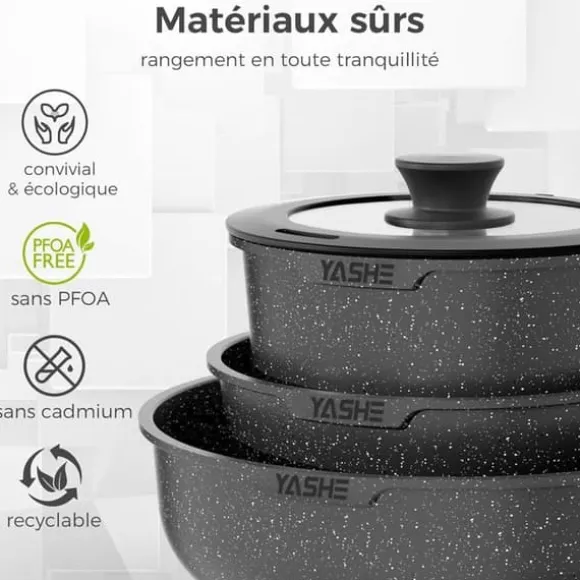 Kökstillbehör 15 Delar-YASHE, Stekpannor och Kastruller med Granitliknande Non-Stick Beläggning, Gas och Glaskeramik, grå