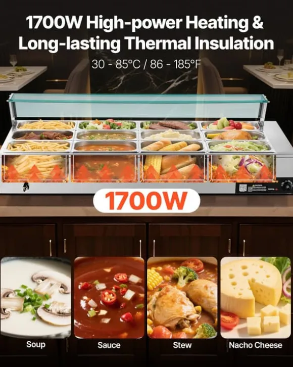 Kommersiell buffévärmare och matvärmare - Elektrisk bain-marie bänkmodell - Rostfritt stål - 1700 W - 12 pannor - Soppslev och perforerad slev