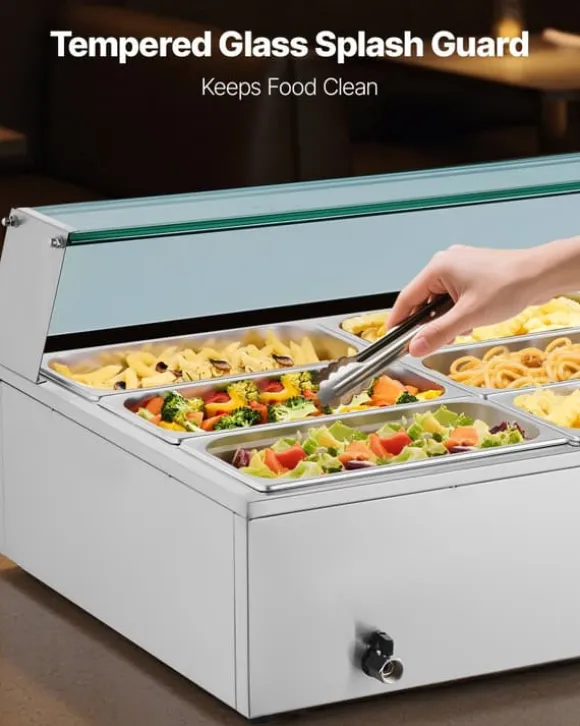 Kommersiell buffévärmare och matvärmare - Elektrisk bain-marie bänkmodell - Rostfritt stål - 1700 W - 12 pannor - Soppslev och perforerad slev
