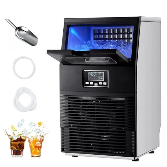 Kommersiell ismaskin - Fristående isbitsmaskin - 36 kg/24 h - 5,4 kg isförvaring - 32 isbitar/cykel - LED-display - Självrengöring - Rostfritt stål