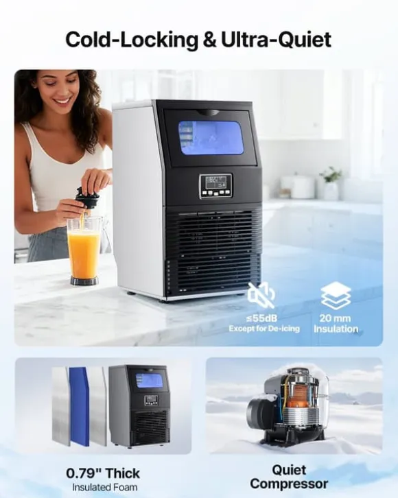 Kommersiell ismaskin - Fristående isbitsmaskin - 36 kg/24 h - 5,4 kg isförvaring - 32 isbitar/cykel - LED-display - Självrengöring - Rostfritt stål