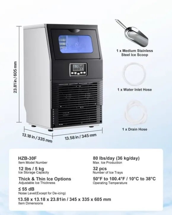 Kommersiell ismaskin - Fristående isbitsmaskin - 36 kg/24 h - 5,4 kg isförvaring - 32 isbitar/cykel - LED-display - Självrengöring - Rostfritt stål