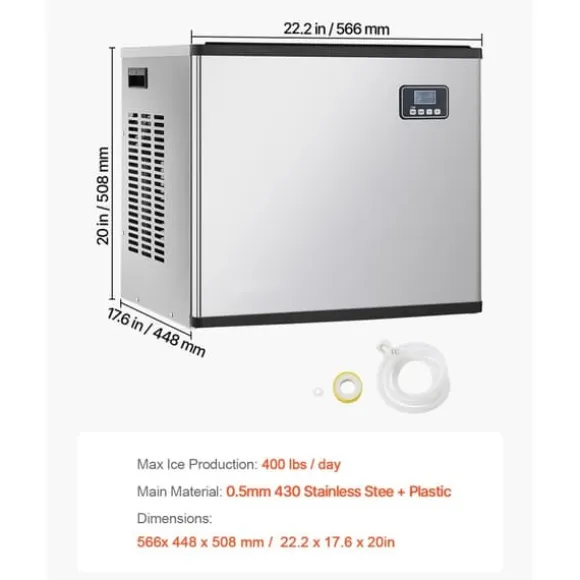 Kommersiell Ismaskin, 400 LBS/24H Modell, 300 LBS Förvaringsbehållare, Automatisk Självrengöringsfunktion