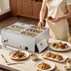 Kommersiell Matvärmare, 1500W Elektrisk, Rostfritt Stål, 6 Pannor, Snabbvärmande, för Catering och Fester