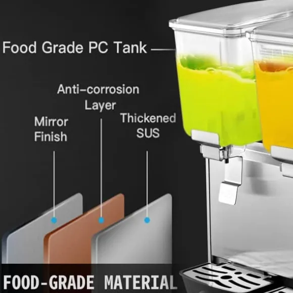 Kommersiell rostfri kalldrycksdispenser för fruktjuice och iste, 2 tankar, 6,4 gallon, med termostatkontroll.