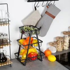 Korg för frukt och grönsaker, svart, metall, 3-vånings, VILDE 229111