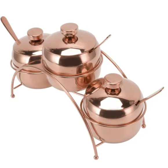 Kryddburkset i rostfritt stål, salt- och pepparburk, sockerburk med lock och sked, kryddflaskor för kök med förvaringsställ, roséguld