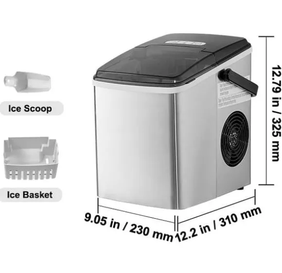 26lbs/dag 105W bärbar ismaskin, justerbar isbitsstorlek, snabb istillverkning, utmärkt isoleringsteknik, självrengörande, lågt ljud
