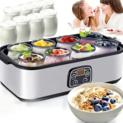 Lollanda Yoghurtmaskin Yoghurtmaskin med Temperaturinställning, Termostat & 48 Timmars Timer, 8 Glas À 180 Ml Vardera för Hem