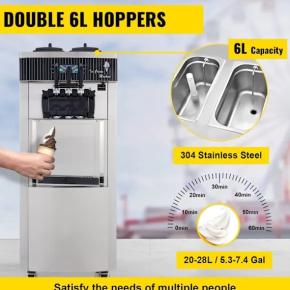 20-28 L/timme kommersiell mjukglassmaskin med dubbla 6-liters trattar och smart LCD-panel, 3 smaker, lätt att flytta
