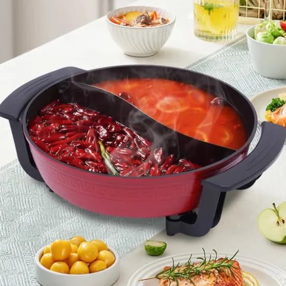 Mandarin Duck hotpot-gryta, dubbel delad 6 liter med yin-yang-avdelare, mörk khaki, kinesisk fondue för hem och fest