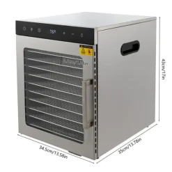 Matdehydrator, 800W, 36L kapacitet, 10 brickor, temperaturintervall 30-90 °C, dimensioner 34,5 cm x 35 cm x 43 cm