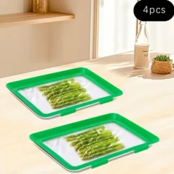 Matförvaringsbrickor - Set om 4 - Tätslutande, Återanvändbara, Stapelbara, Rektangulära 30×20 cm - Grön