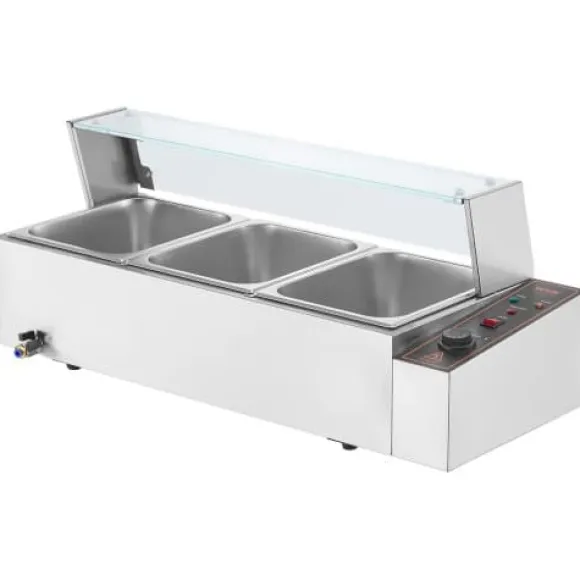 Matvärmare, 3-facks elektriskt ångbord med glaslock, 93x40,6x38,2 cm, Silver, Rostfritt stål