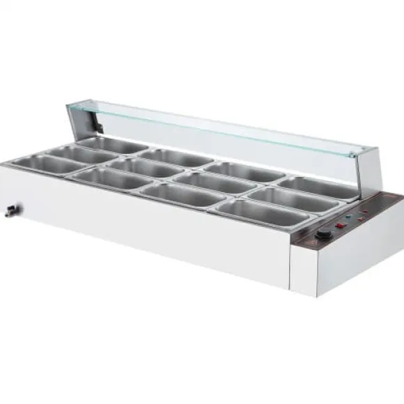 Matvärmare, 12-facks elektriskt ångbord med glastäcke, 144,1x61x38,2 cm, silver, rostfritt stål