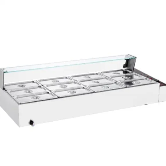 Matvärmare, 12-facks elektriskt ångbord med glastäcke, 144,1x61x38,2 cm, silver, rostfritt stål
