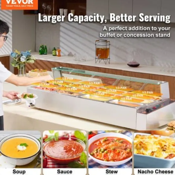 Matvärmare, 12-facks elektriskt ångbord med glastäcke, 144,1x61x38,2 cm, silver, rostfritt stål