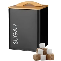 Metallbehållare, fyrkantig sockerburk, MONACO SUGAR, pulverlackerat stål, mattsvart, silikonförsegling, bambulock